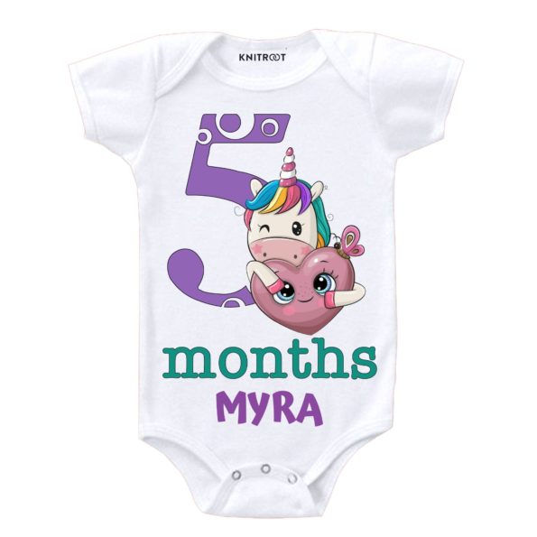 fifth month old baby unicorn white romper