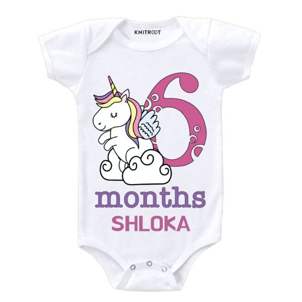 sixth month old baby unicorn white romper