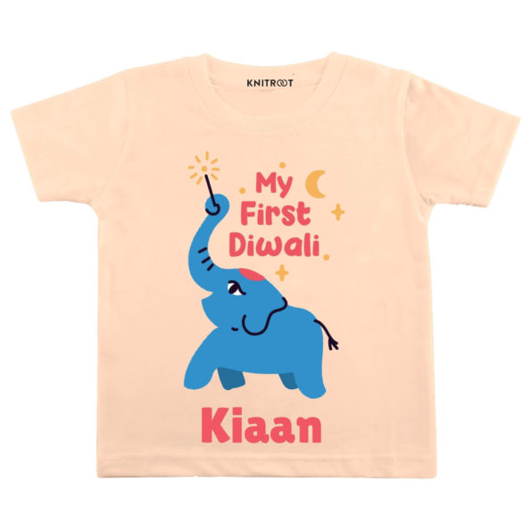 My First Diwali Blue Elephant T-shirt (Peach)