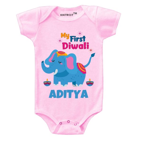 My First Diwali Elephant Theme Onesie (Pink)