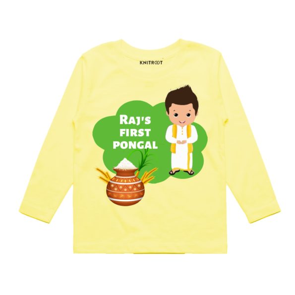 Boy first pongal in yellow tee