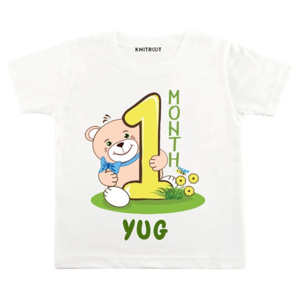 One month teddy in white tee