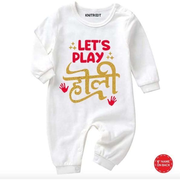 Let’s Play Holi White baby jumpsuit