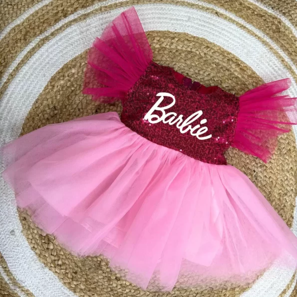 Barbie Pink Frock With Net Frills Sleeves