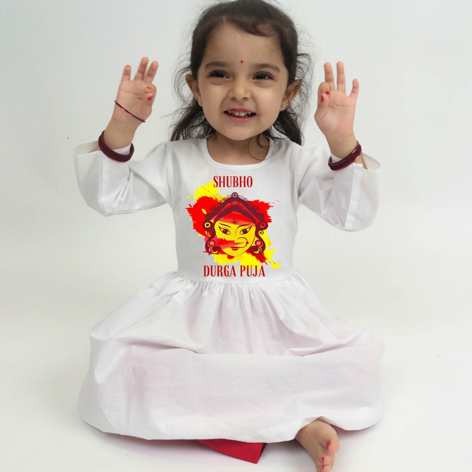 Shubho Durga Puja White Frock For Girls - KNITROOT