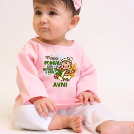 My First Pongal With Mumma & Papa A-line Pink Kurta